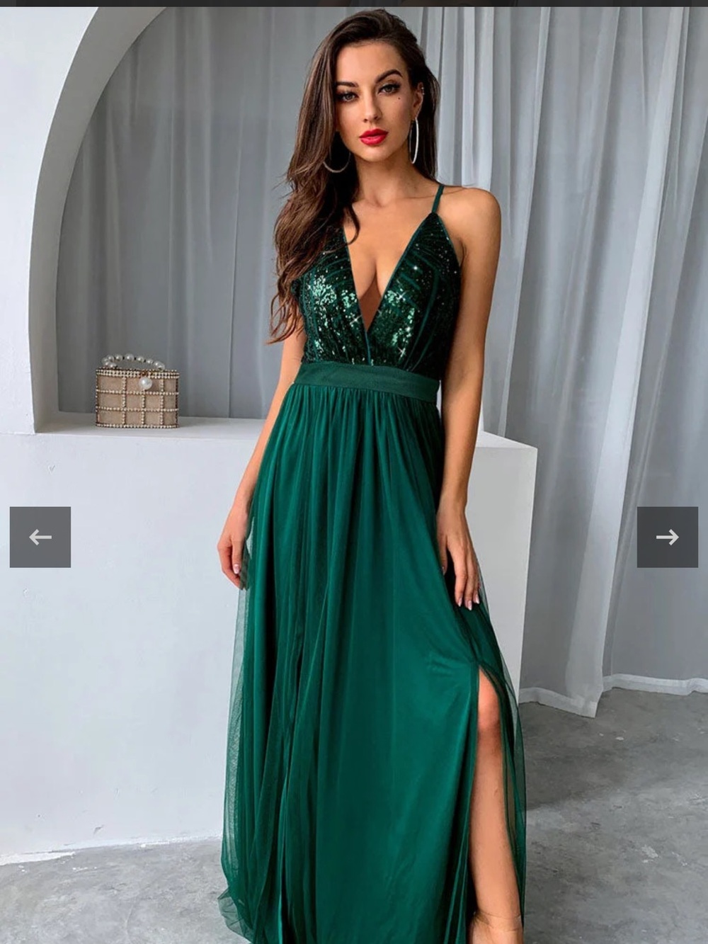 SHEIN Emerald Green Sequin V-Neck Prom Gown